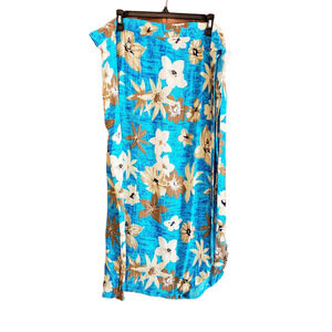 One size blue & tan Hawaiian tropical florals wrap skirt